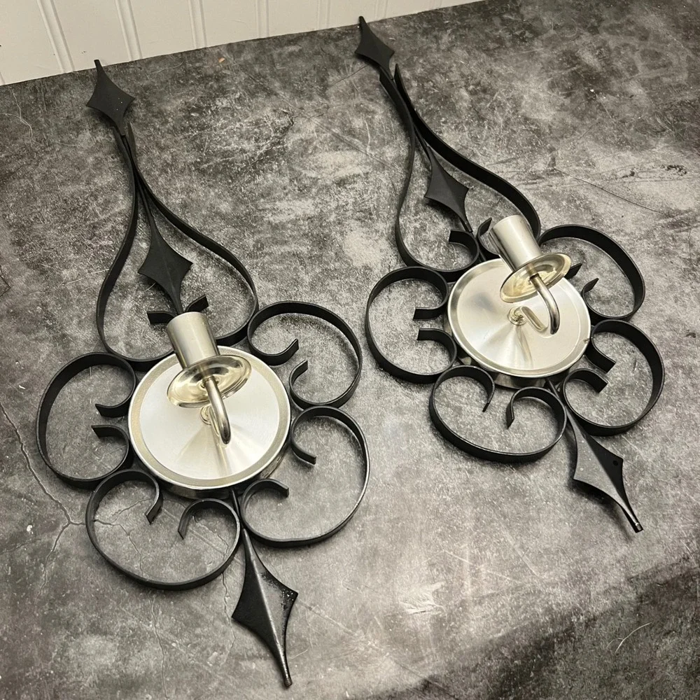 Vintage Mid-Century Modern Black & Chrome Scrollwork Candle Wall Sconce Pair